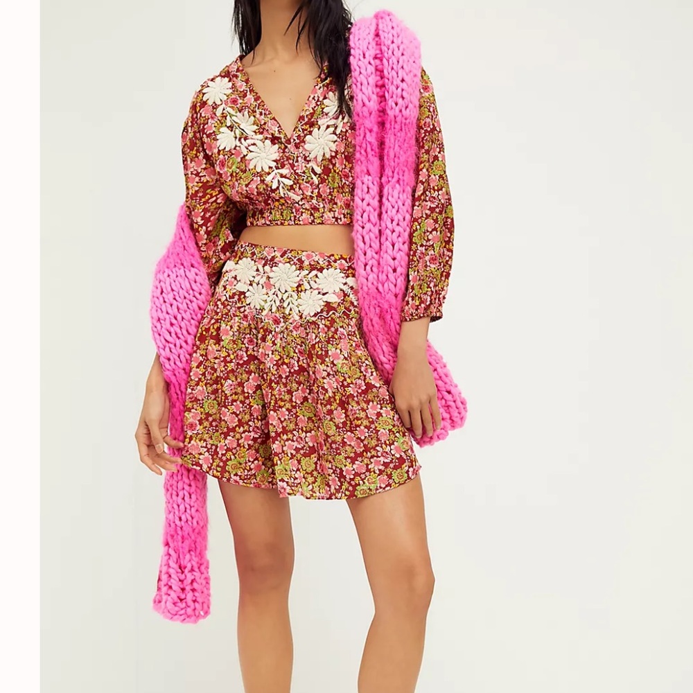 Free People Nyomi Embroidered Set Mini Skirt and Long Sleeve Top Size Small